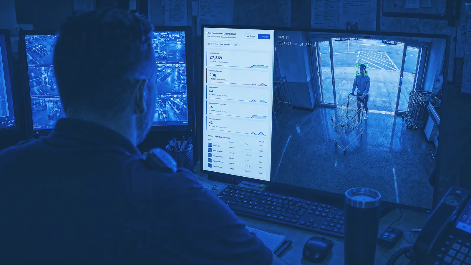 A loss prevention officer at a security desk watches a FaceFirst dashboard beside a camera view of the store entrance.