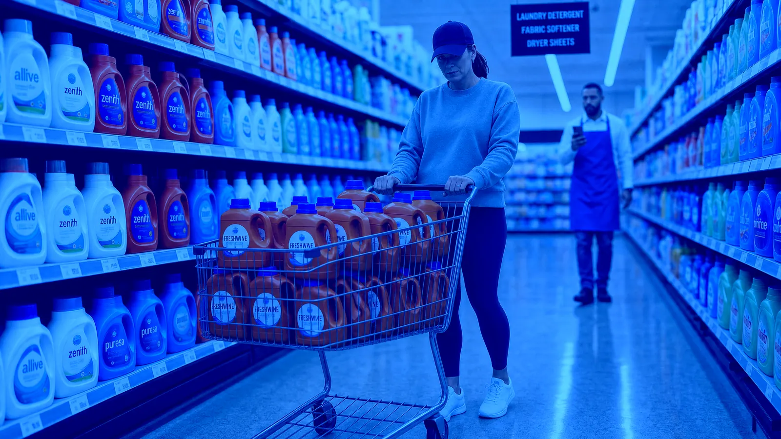 A store associate approaches a shopper pushing a cart full of laundry detergent down an aisle.